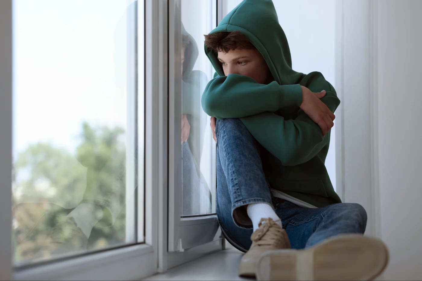 Sad teenage boy on windowsill indoors